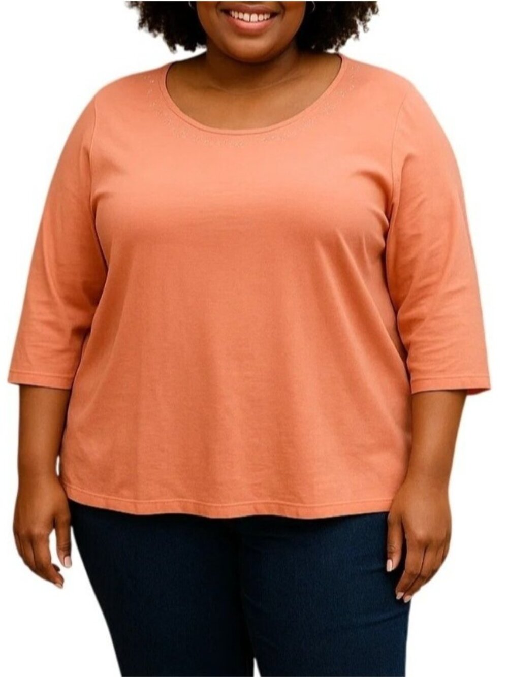 Lane Bryant Size 18/20W Top Coral 3/4 Sleeve Rhinestone Embellishment Modern Fit